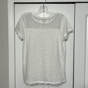 Sundance Top Womens M Cottagecore White Linen Lace Sheer Fringe Trim Tee Shirt